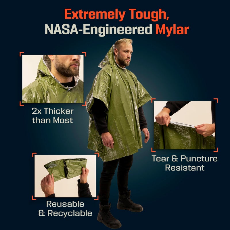 PREPARED4X Emergency Poncho with Mylar Blanket Liner â€“ Heavy Duty, Waterproof, Wind-Resistant Green Rain Poncho for Outdoors, Camping, and Car Emergency Kits - Thermal Poncho - 4 Pack (Camo) - Image 5